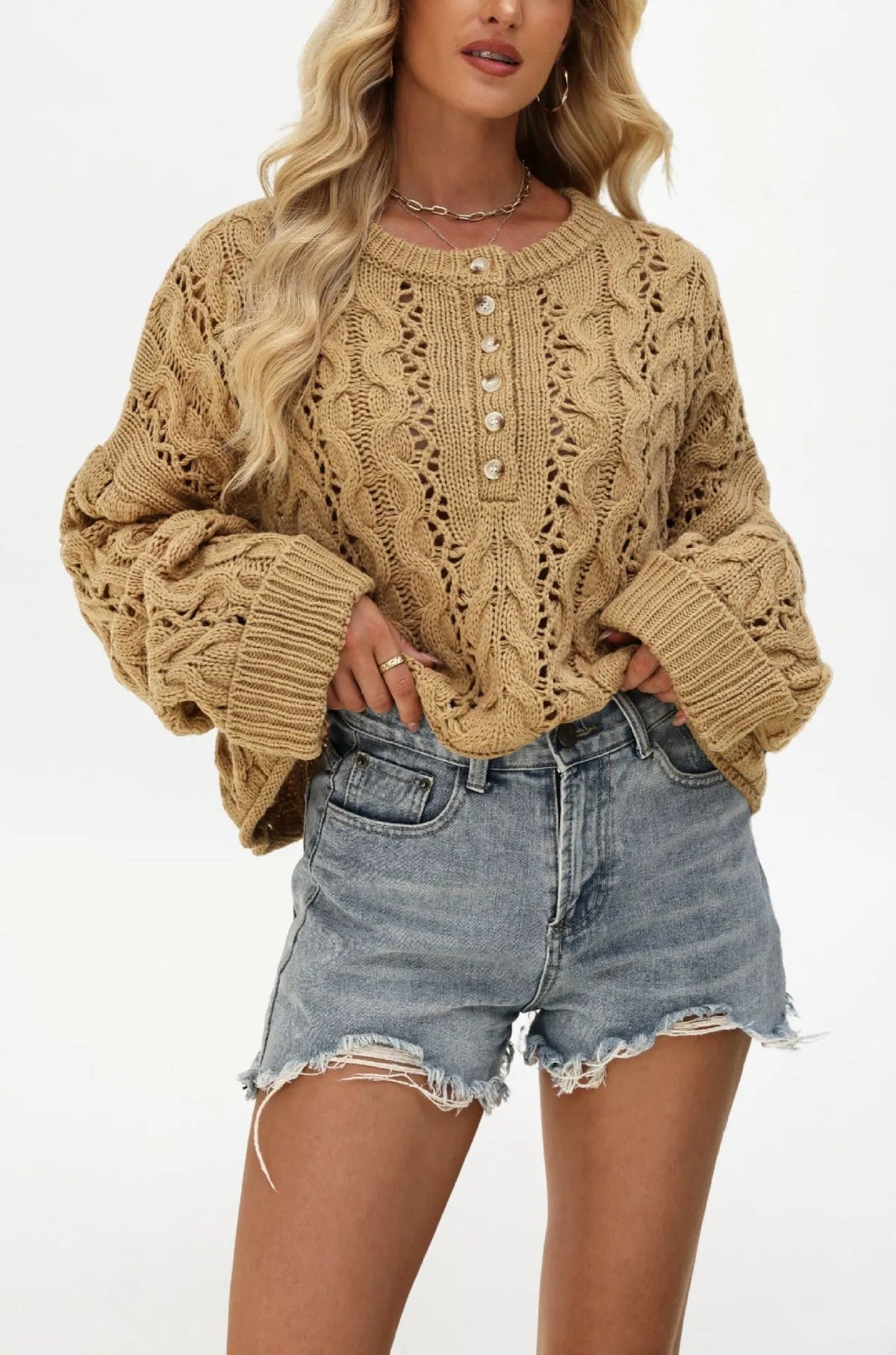 Romantic Hollow Cable Knit Henley Jumper Oversized Button Detail Long Sleeve Sweater