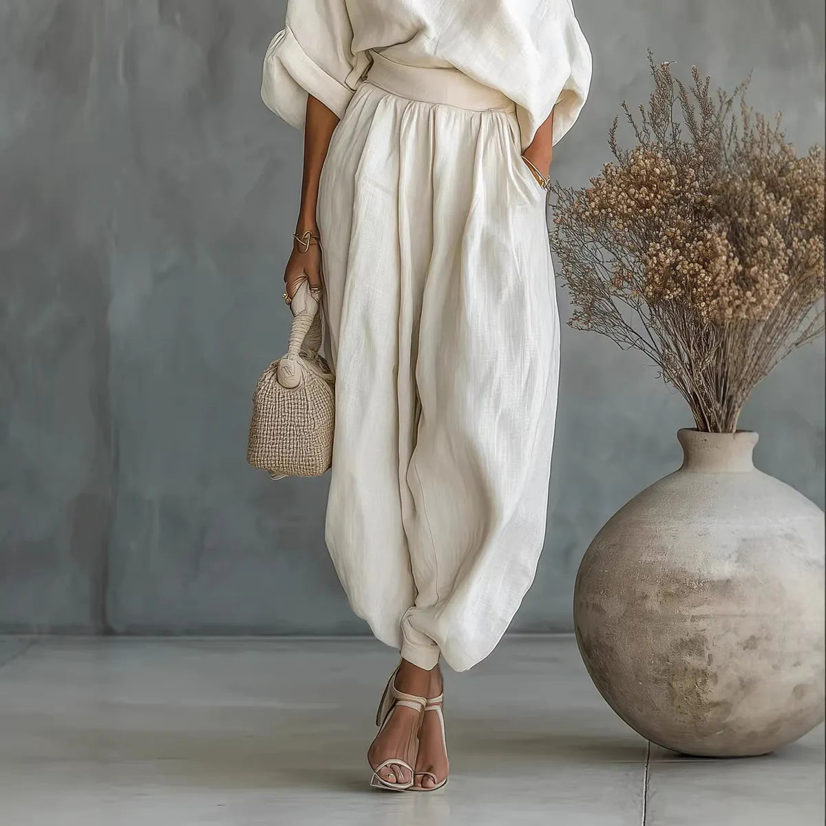One-Shoulder Blouse & High-Waisted Harem Pants Set