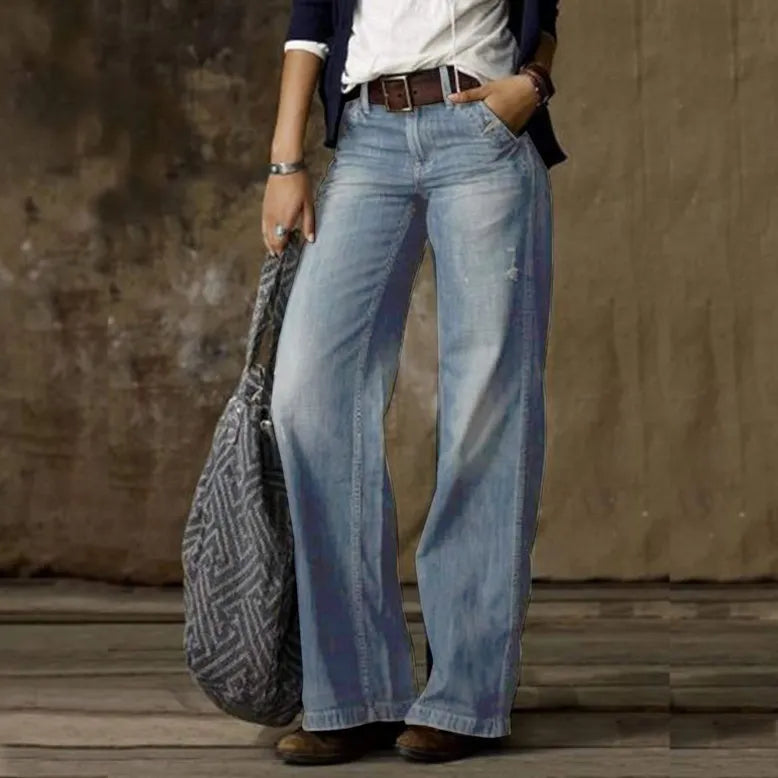 Mid Waist Printed Loose Straight Long Jeans