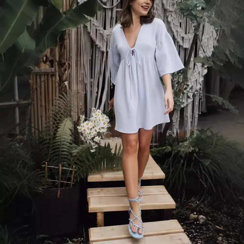 V-Neck Tie Front Flare Sleeve Crinkle Mini Dress
