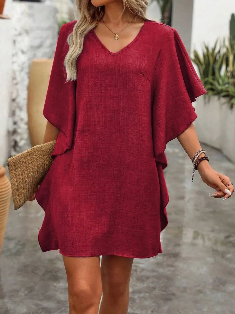 Loose V-Neck Ruffle Sleeve Mini Dress