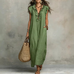 Deep V-Neck Ruffle Cap Sleeve Loose A-Line Maxi Dress