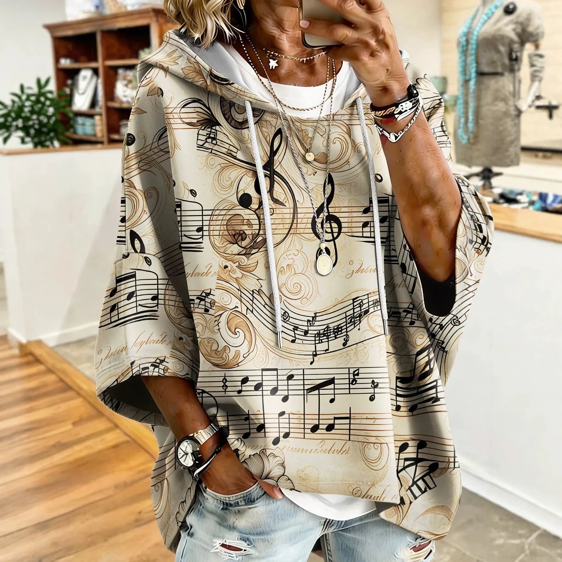 Vintage Floral 3D Print Hooded Seven‑Quarter Sleeve Sweatshirt