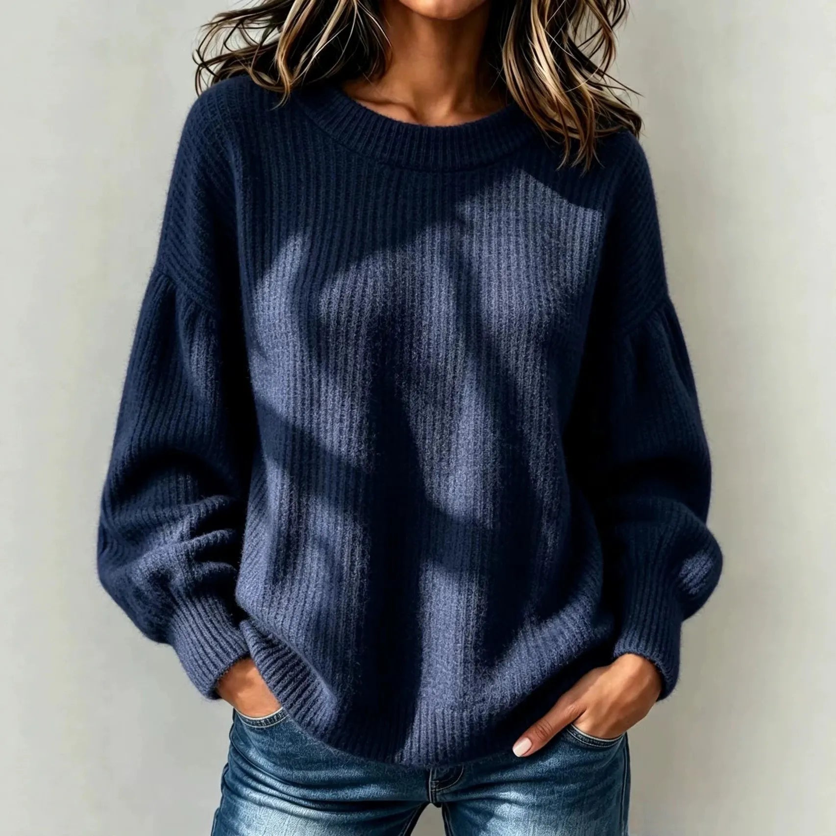 Balloon Sleeve Ribbed Hem Casual Knit Top