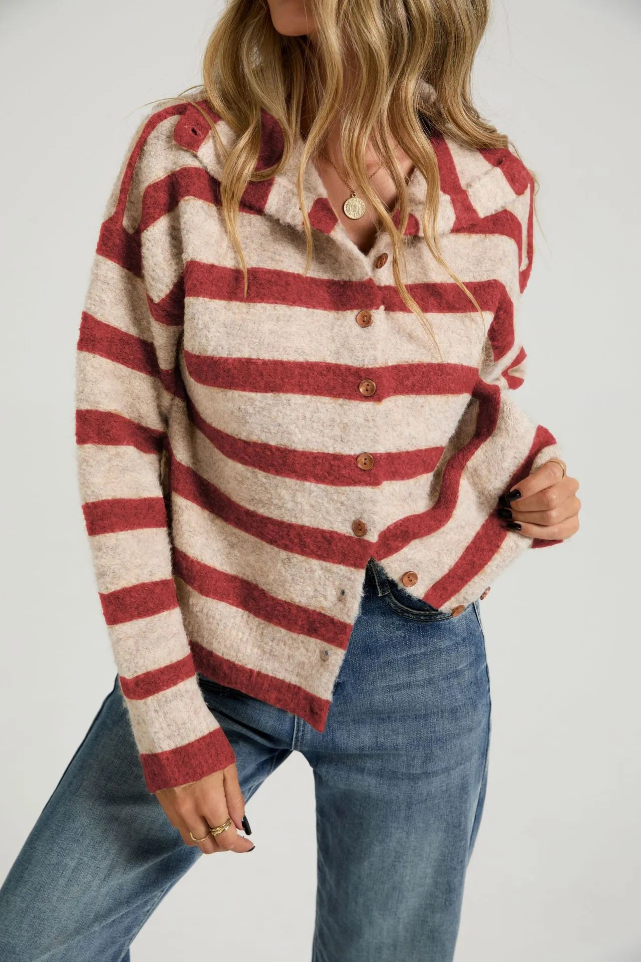 Casual Striped Collared Knit Cardigan Long Sleeve Button Front Sweater for Women