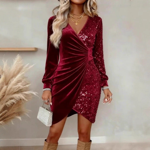 Gold Velvet & Sequin Wrap Mini Dress