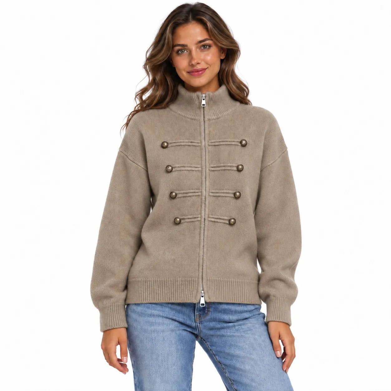 Stand Collar Zip Up Knit Cardigan, Double Breasted Decorative Button Sweater Jacket
