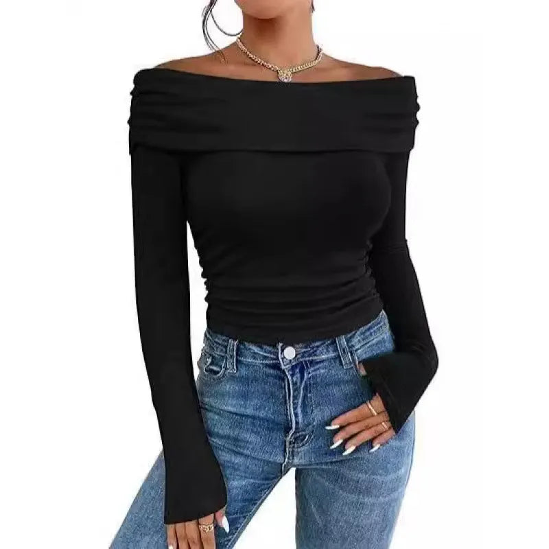 Off Shoulder Long Sleeve Slim Fit Solid Pullover Top