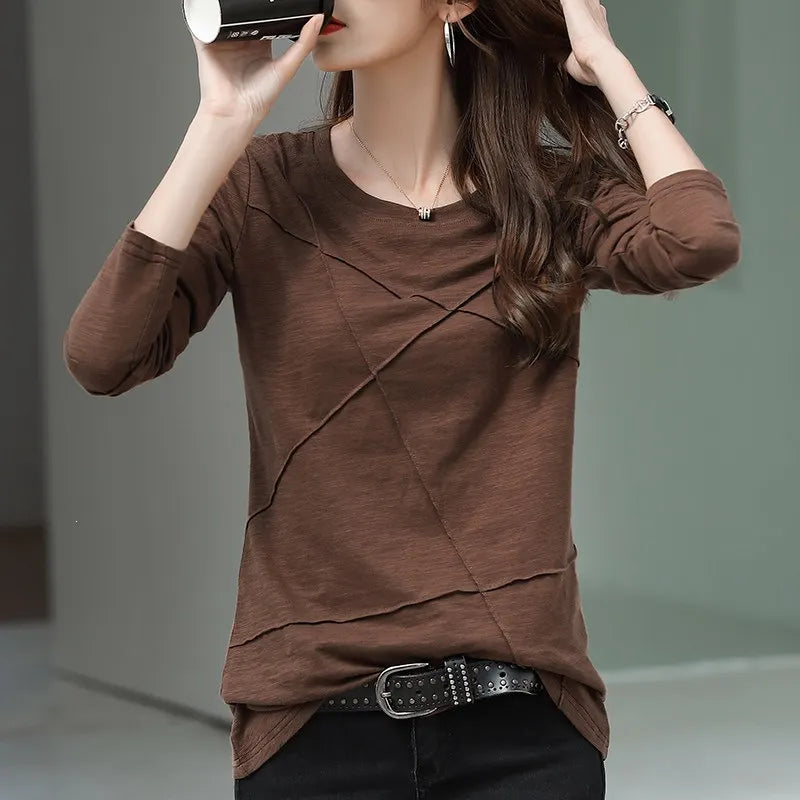 Solid Round Neck Spliced Grinding Pure Cotton Long Sleeve Slim Fit T-Shirt