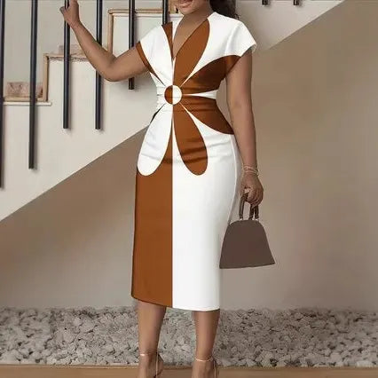 3D Stereoscopic Color Block Deep V-Neck Bodycon Midi Dress