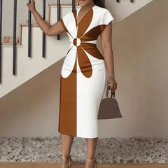 3D Stereoscopic Color Block Deep V-Neck Bodycon Midi Dress