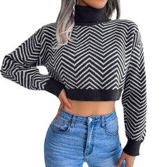 Turtleneck Chevron Striped Cropped Sweater