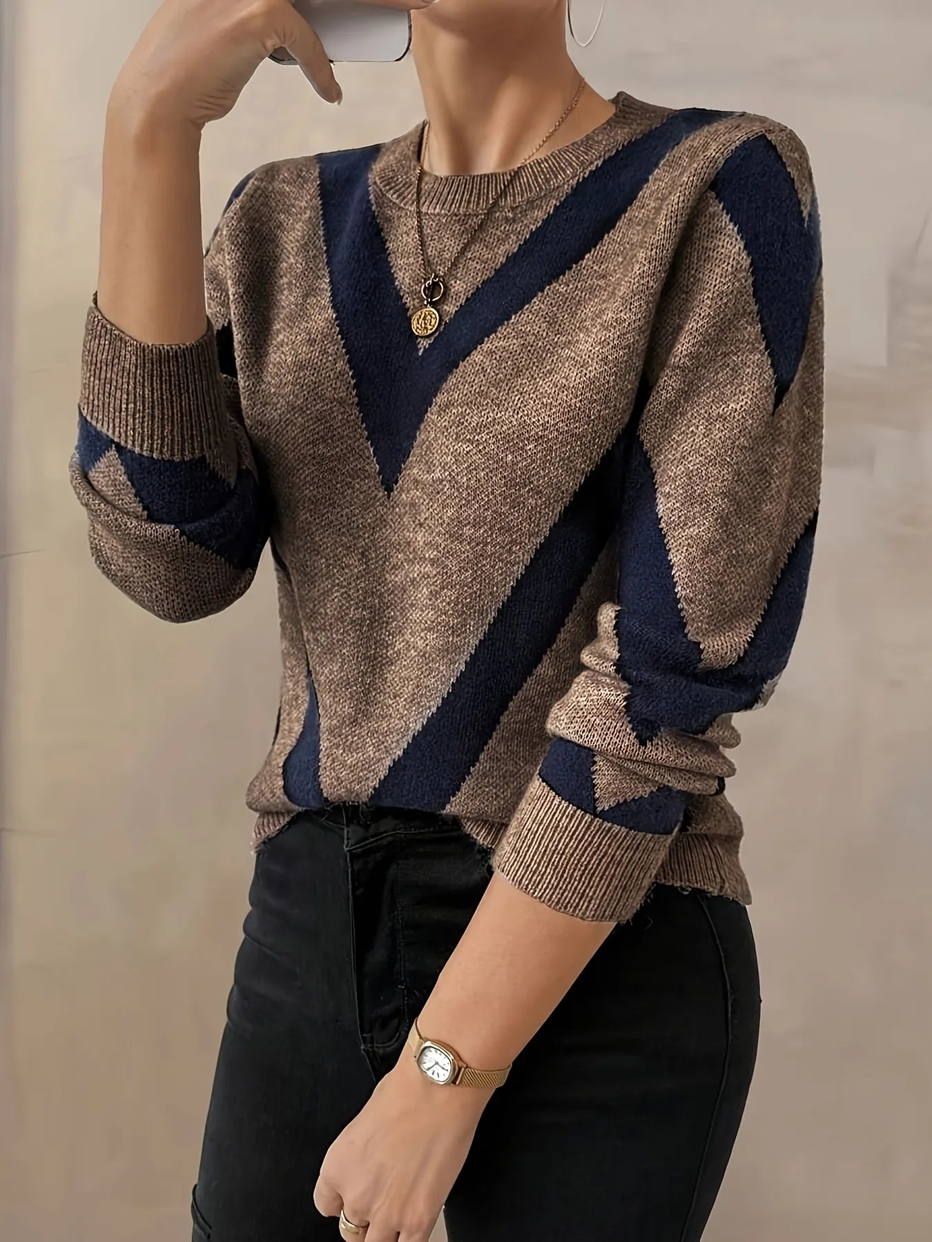 Geometric Chevron Color Block Knit Sweater