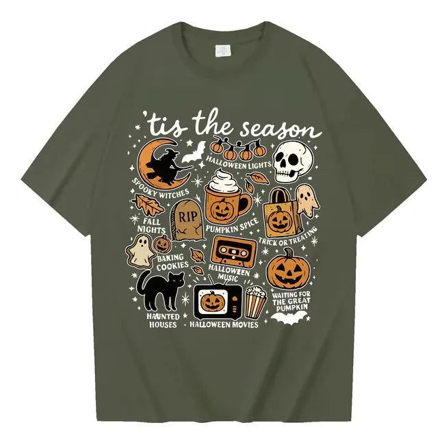 Halloween Retro Letter Graphic Crew Neck Short Sleeve T‑Shirt