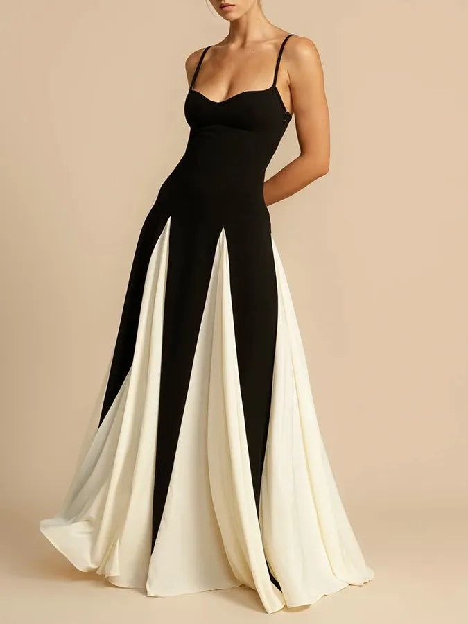 Black & White Contrast Spaghetti Strap High-Waisted A-Line Maxi Dress