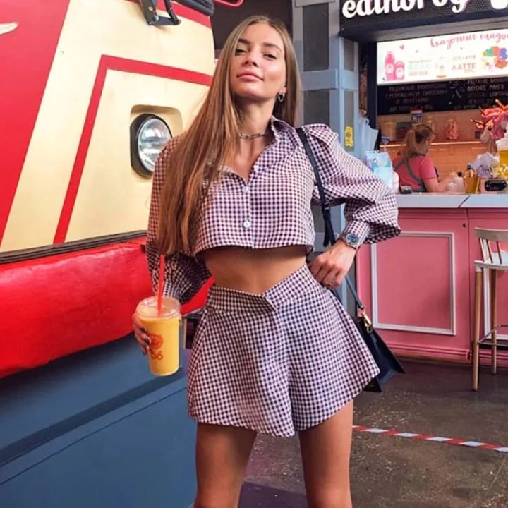 Womne's Gingham Crop Shirt & High Waist Shorts 2 Piece Set