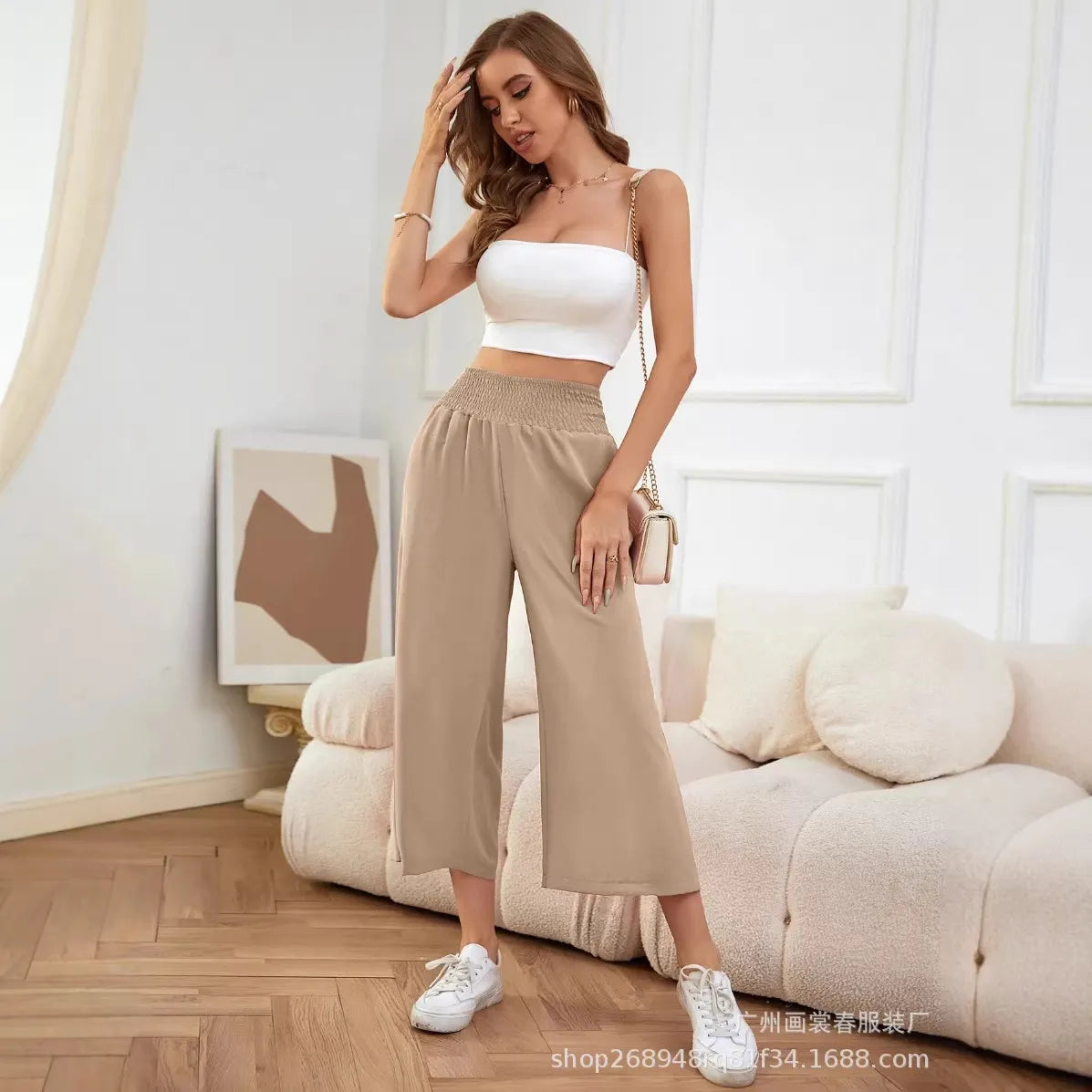High Waist Smocked Waistband Wide Leg Cropped Pants