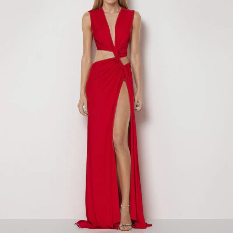 Sleeveless Deep V Hollow Cutout Maxi Dress, Solid Color Irregular Slim Long Dress