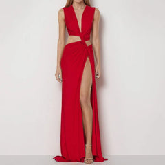 Sleeveless Deep V Hollow Cutout Maxi Dress, Solid Color Irregular Slim Long Dress