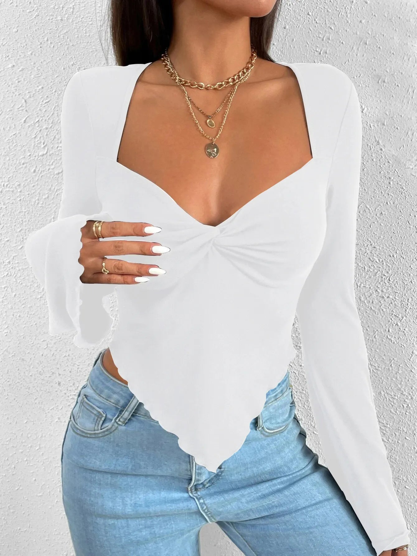 Twist Front Sweetheart Neck Blouse, Flare Long Sleeve Asymmetrical Hem Top (4 Colors)