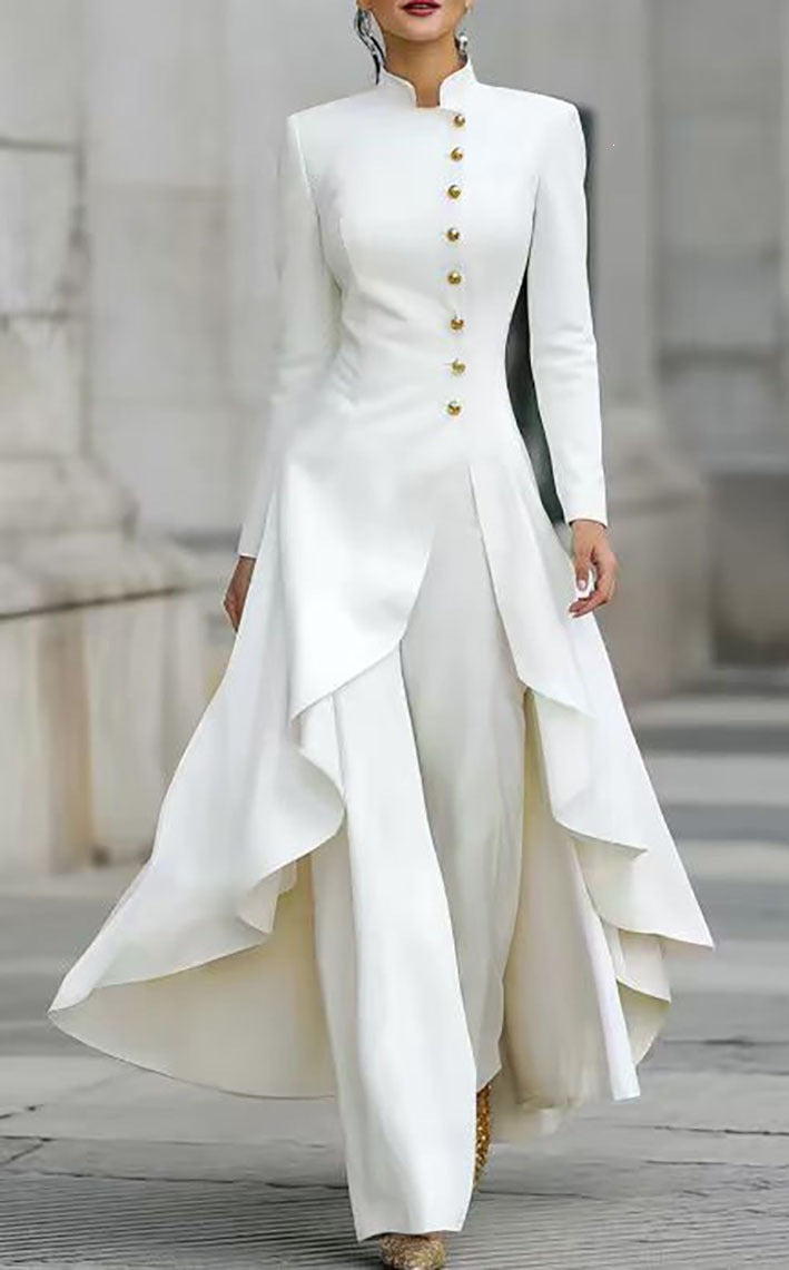White Stand Collar Long Sleeve Gold Button Skirted Pant Suit