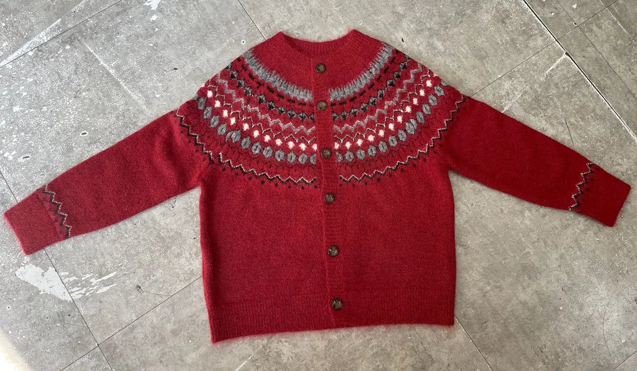 Vintage Fair Isle Knit Cardigan Round Neck Button Front Long Sleeve Sweater Jacket