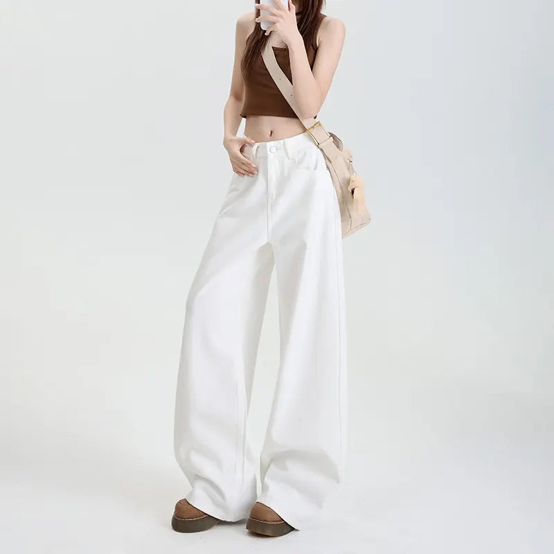 High Waist Non-Stretch Retro White Wide Leg Denim Pants