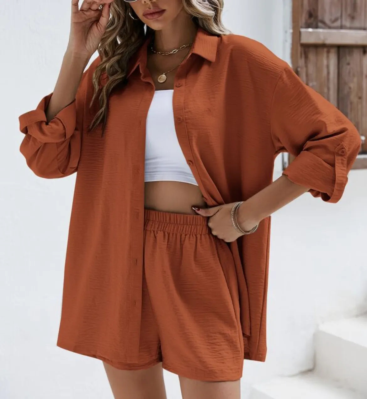 Loose Button Down Shirt & High Waist Shorts Outfit