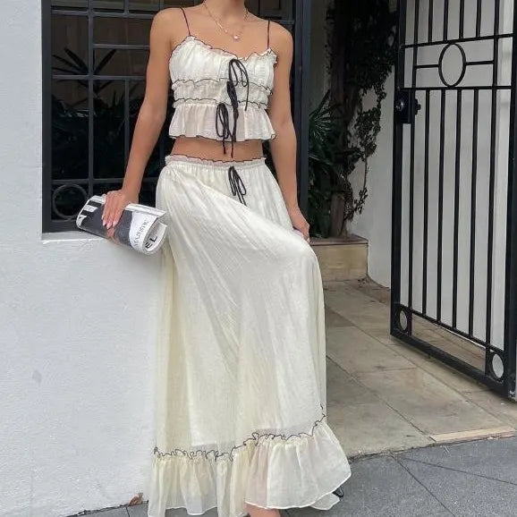 Cream Lace Trim Two-Piece Set, Ruffled Cami Top & Maxi Skirt