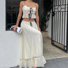 Cream Lace Trim Two-Piece Set, Ruffled Cami Top & Maxi Skirt