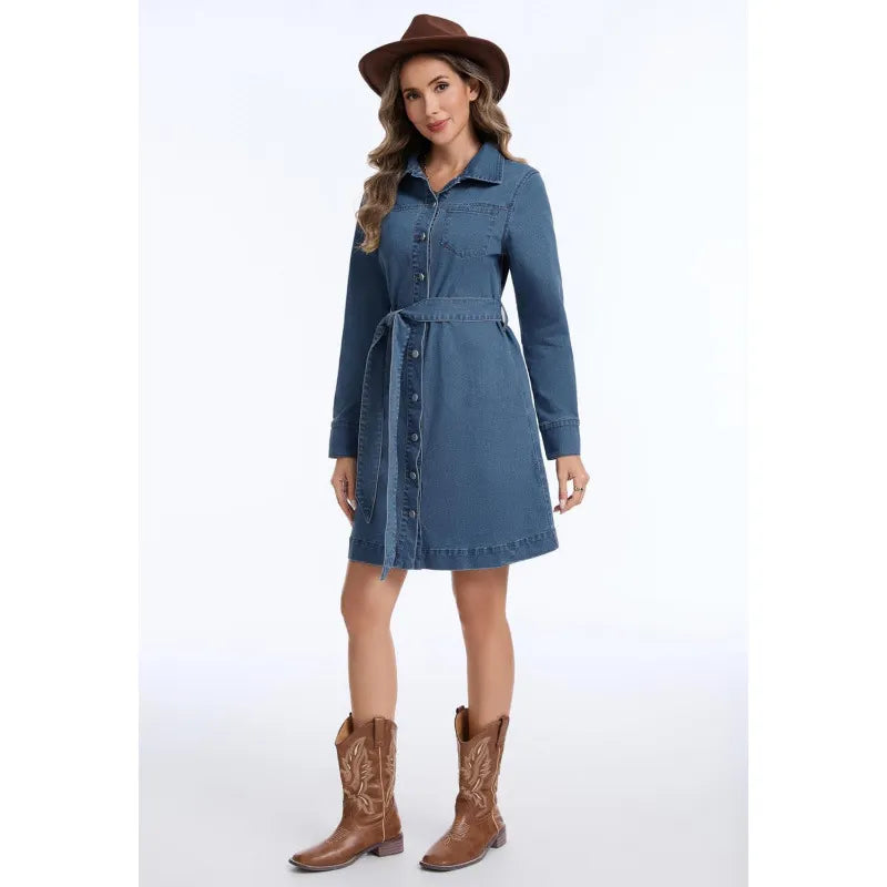 Classic Collared Denim Dress, Tie Belt A-Line Casual Jean Dress