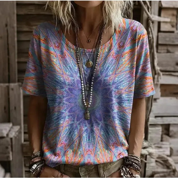 3D Color Block Print V Neck Rolled Short Sleeve Casual Tee