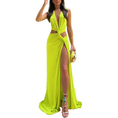 Sleeveless Deep V Hollow Cutout Maxi Dress, Solid Color Irregular Slim Long Dress