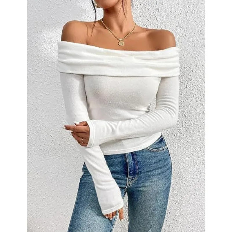Off Shoulder Long Sleeve Slim Fit Solid Pullover Top