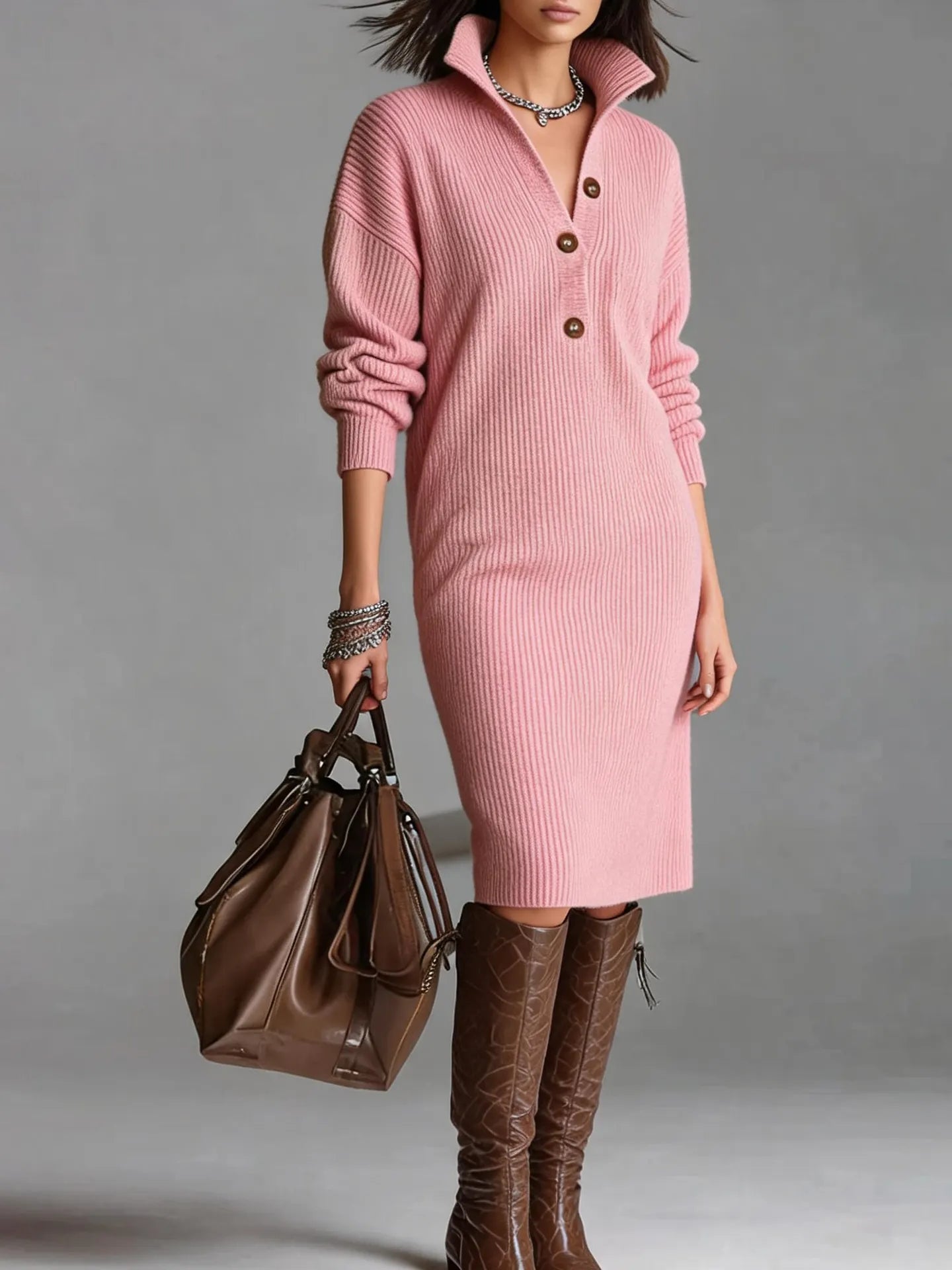 Collared Henley Button Front Loose Sweater Dress