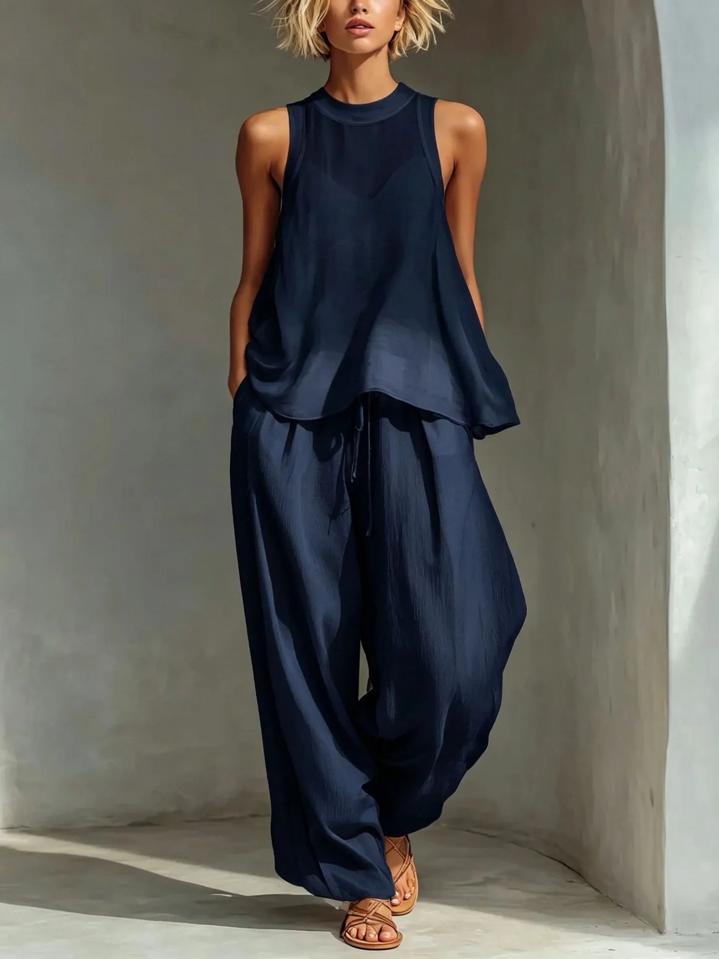 Sleeveless High Neck Flowy Top & Wide Leg Linen-Blend Pants Set
