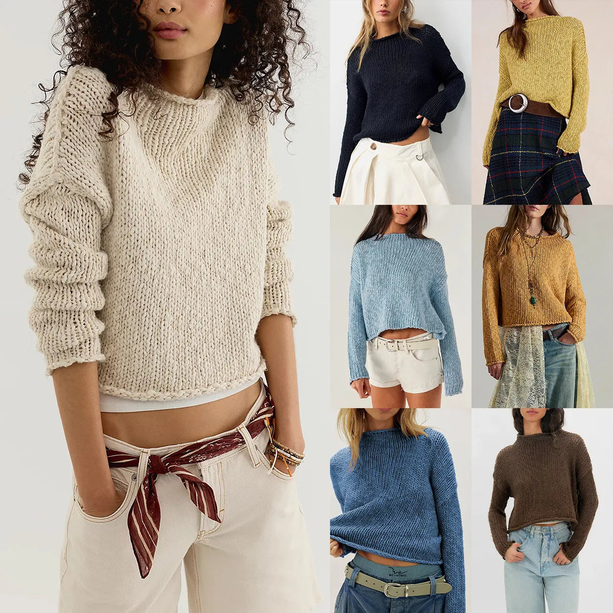 Thick Hand Knit Textured Sweater Crew Neck Long Sleeve Cropped Oversized Top