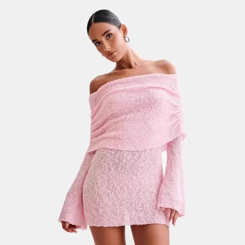 Blue Off-Shoulder Foldover Neck Mini Dress - Bell Sleeve Knit Bodycon Dress
