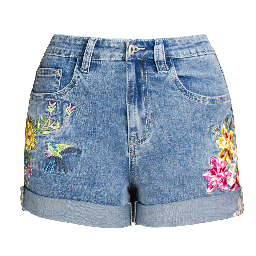 Boho Floral Bird Embroidered Denim Shorts