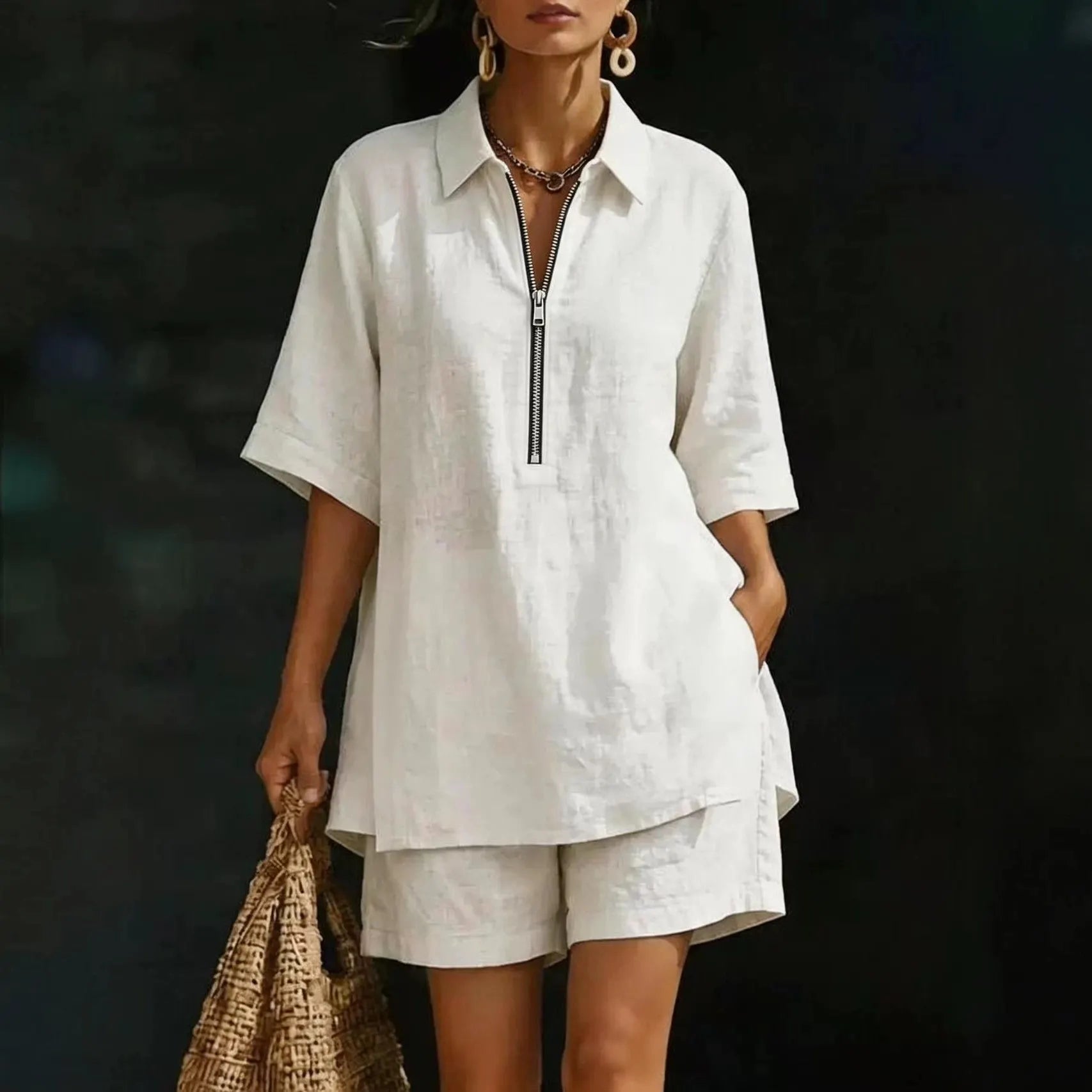 White Half-Zip Shirt & Shorts Linen Set