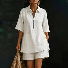 White Half-Zip Shirt & Shorts Linen Set