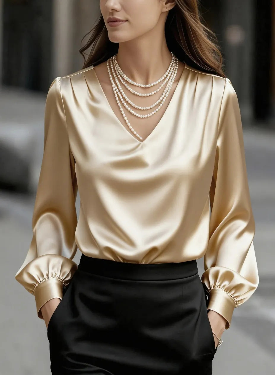 Solid V-Neck Long Puff Sleeve Elegant Blouse