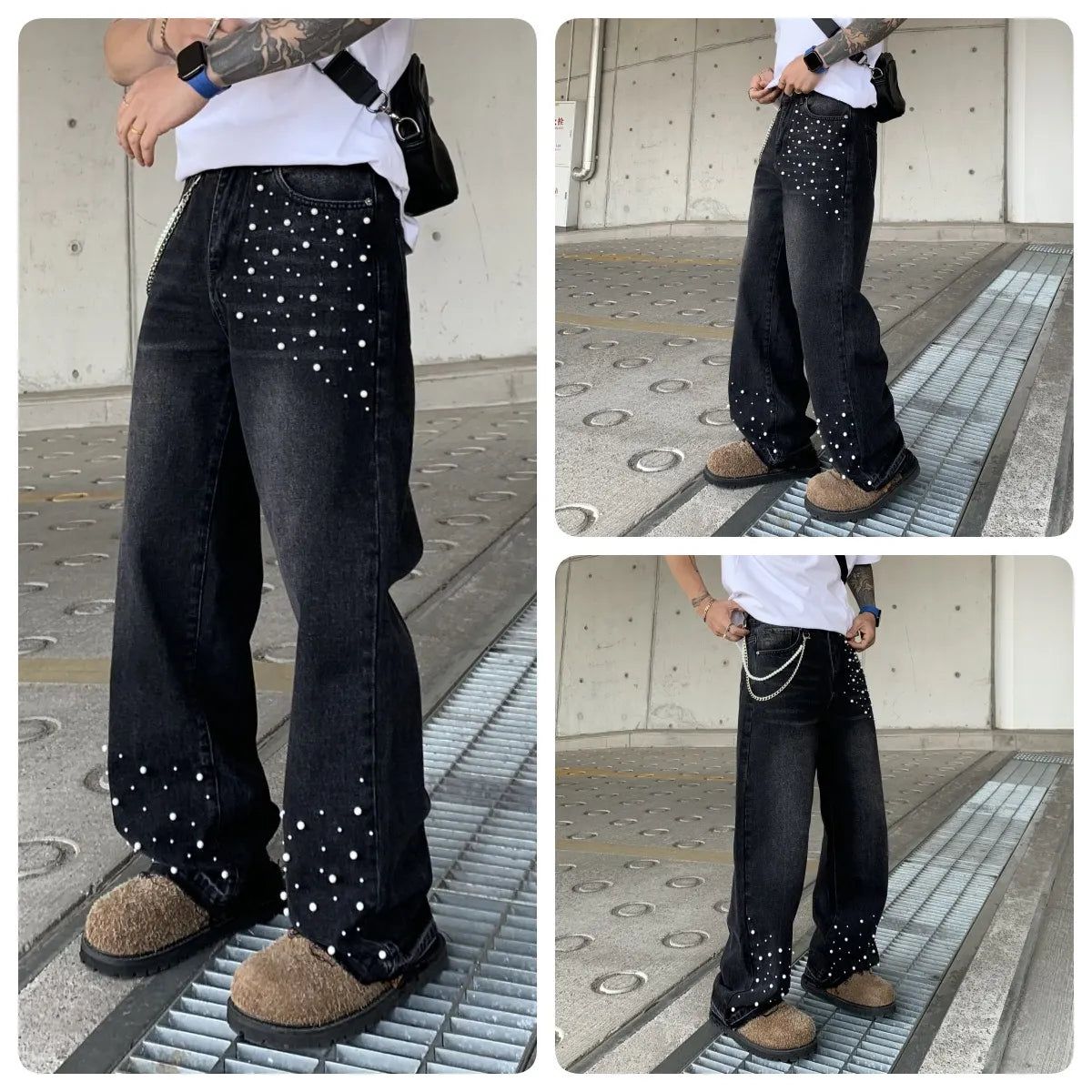 Men Mid‑Waist Pearl Decor Straight Leg Jeans
