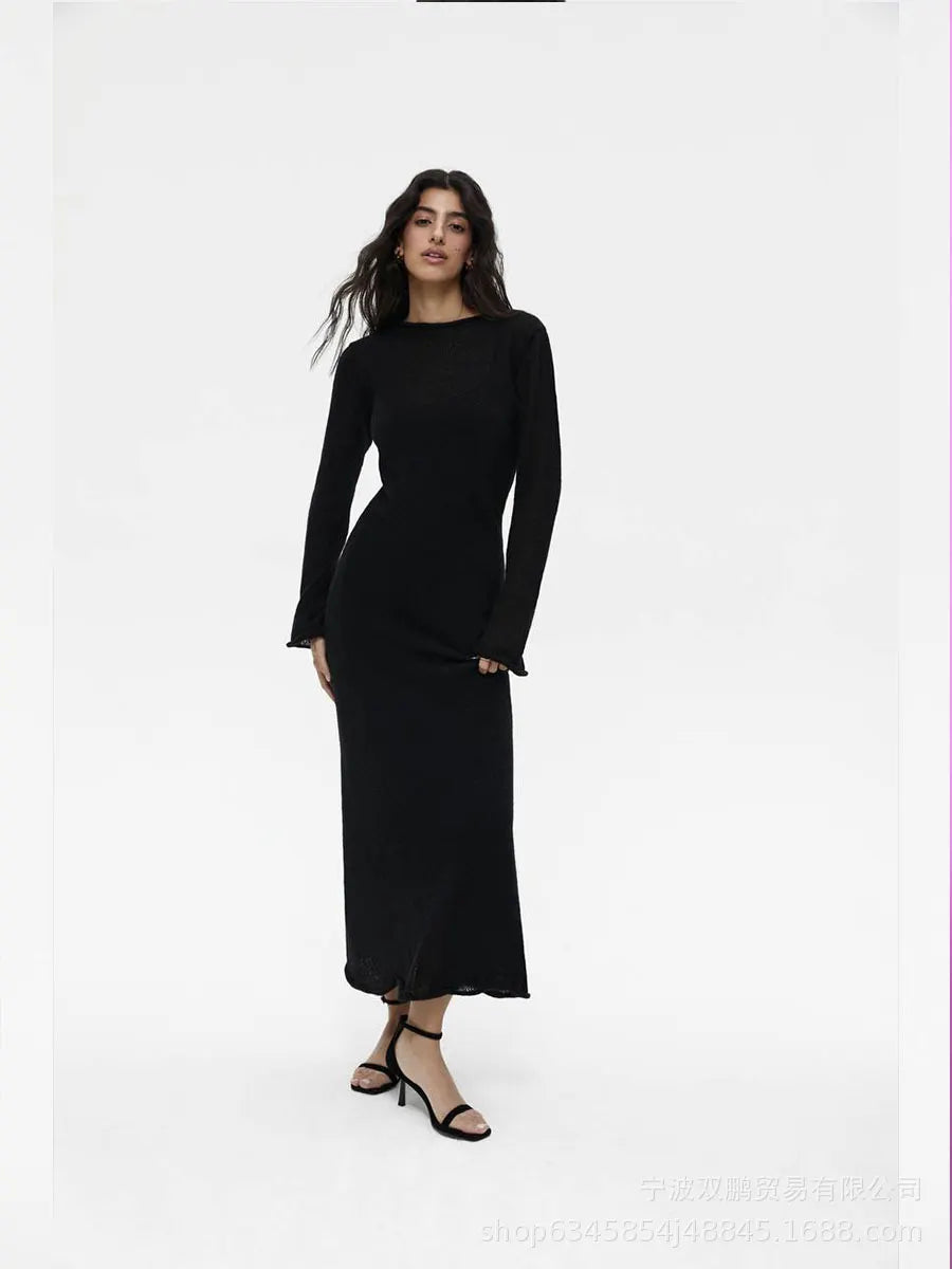 Light Pink Semi Sheer Knit Dress, Ladies Crew Neck Flared Sleeve Elegant Long Knit Midi Dress