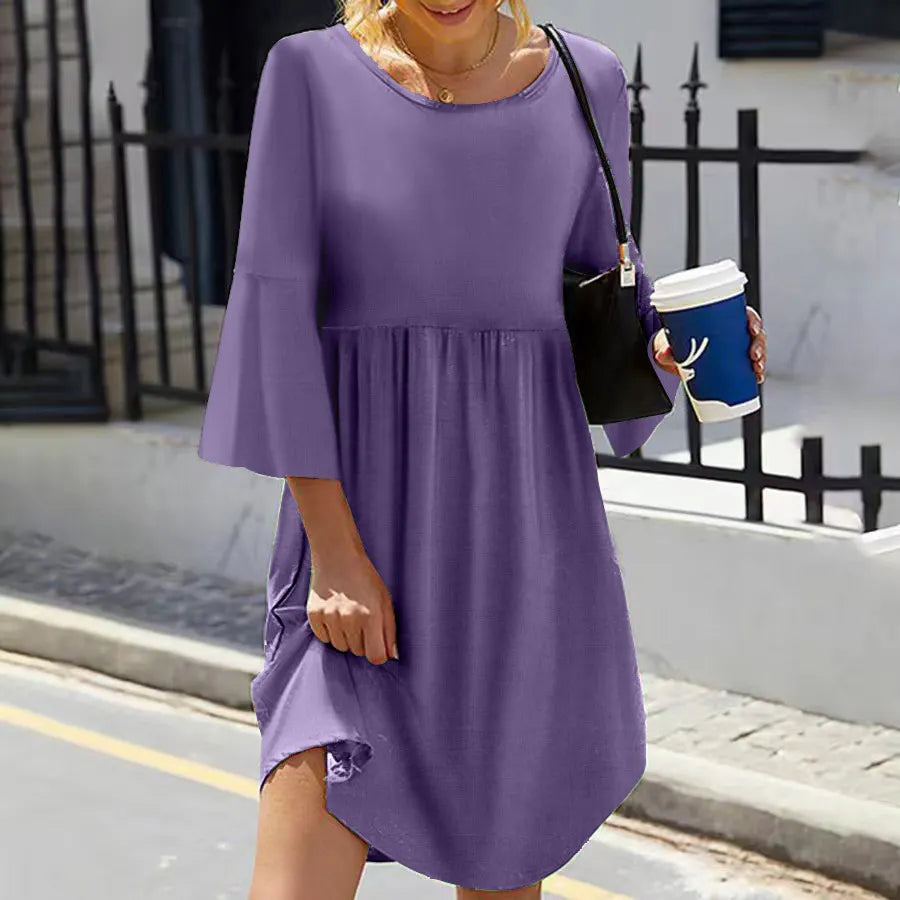 Crew Neck Flared 3/4 Sleeve Loose Tiered Irregular Hem Solid Midi Dress
