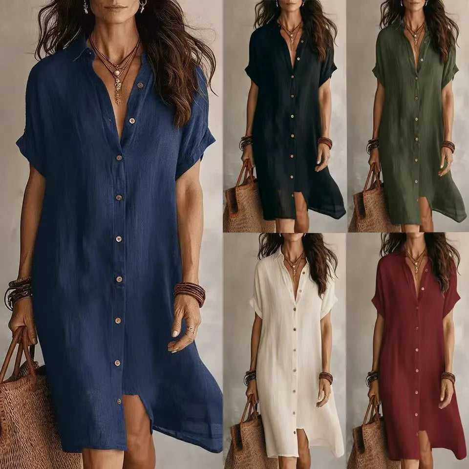 Lapel Short Sleeve Single Breasted Loose Cotton Linen Shirt Midi Dress