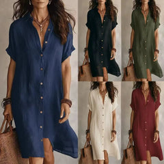 Lapel Short Sleeve Single Breasted Loose Cotton Linen Shirt Midi Dress
