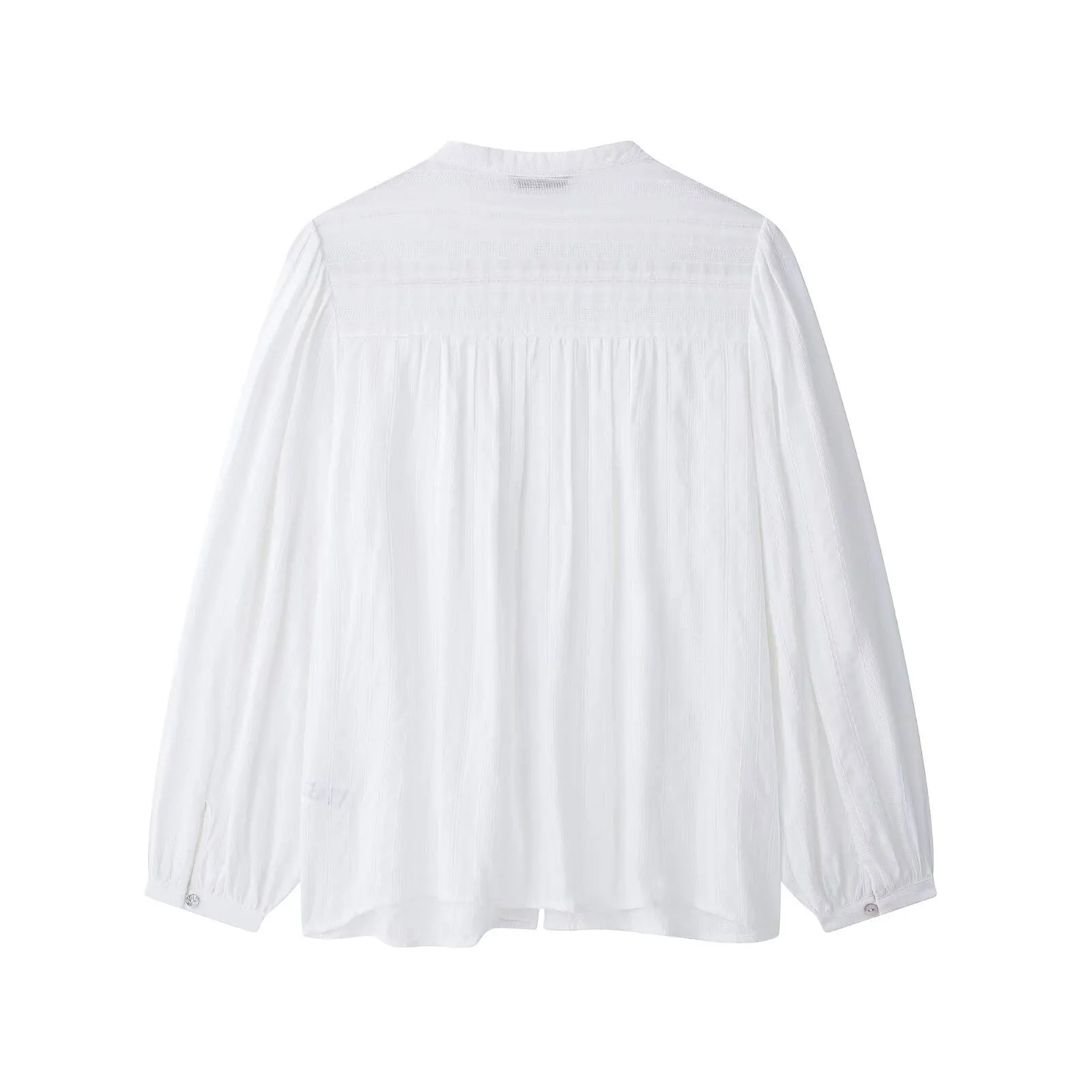 Stand Collar Lace Embroidery Puff Long Sleeve Button Down Blouse