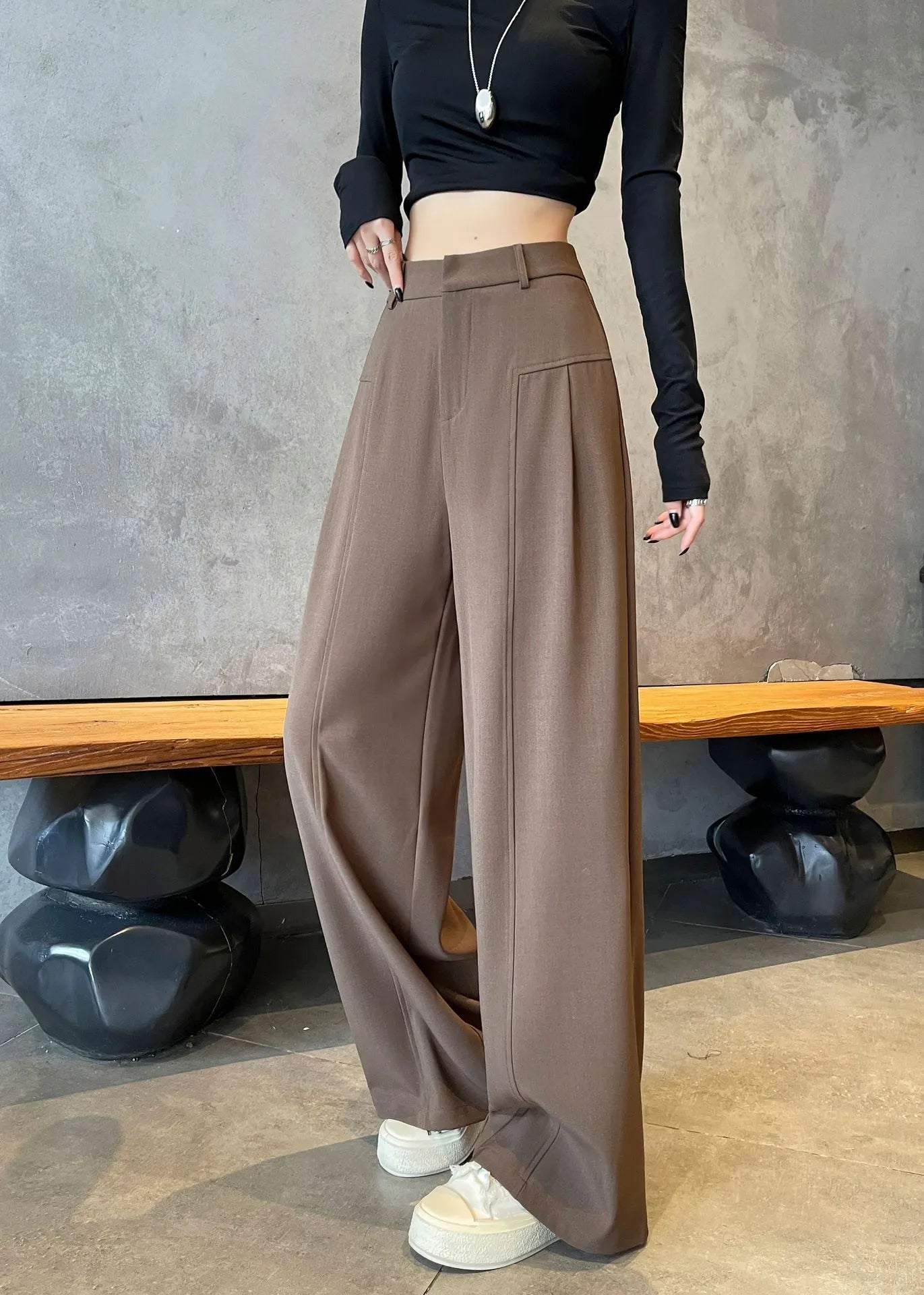 Matching Flowy Linen Look Mid Waist Pleated Wide Leg Straight Commuter Casual Long Pants