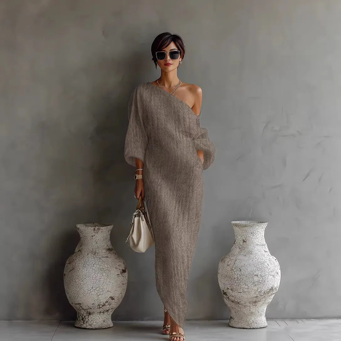 One Shoulder Puff Long Sleeve Ruched Irregular Hem Solid Maxi Dress